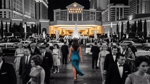 Caesars Palace at night with its glowing gold sign and fountain, a teal-gowned woman walking through a black-and-white 1960s-era crowd