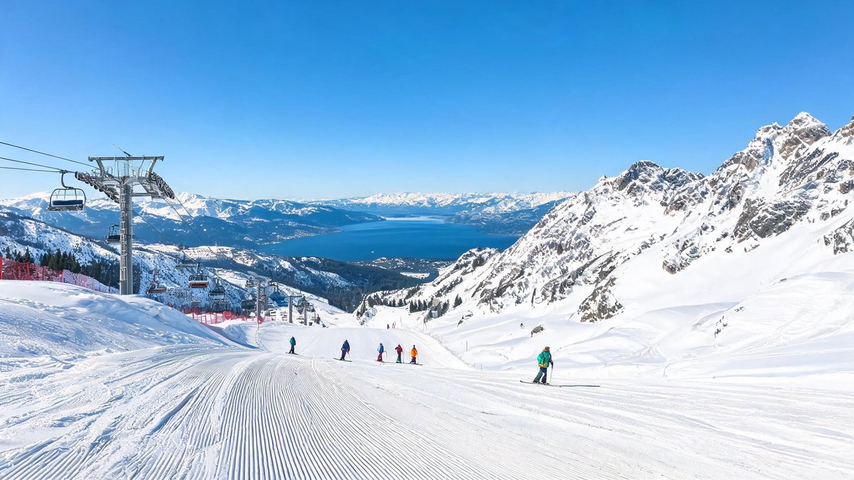A groomed snowy ski ridge at Heavenly with chairlifts, skiers and a wide blue Lake Tahoe between snow-capped peaks