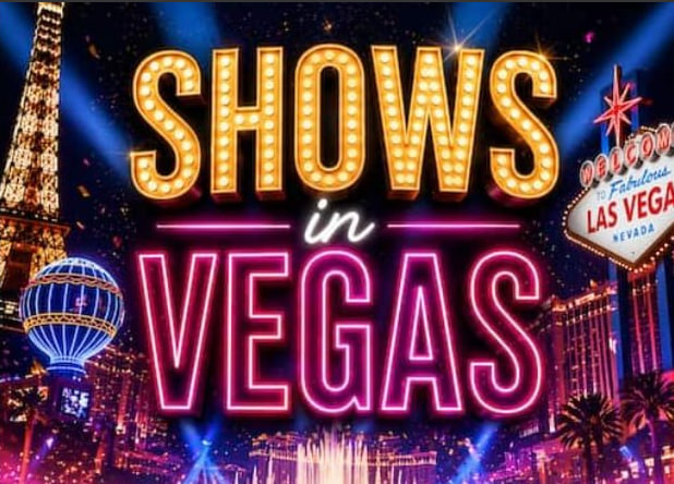 Neon marquee reading Shows in Vegas with the Strip skyline at night