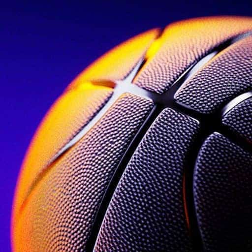 Extreme close-up of an orange basketball with deep grooves against a purple background