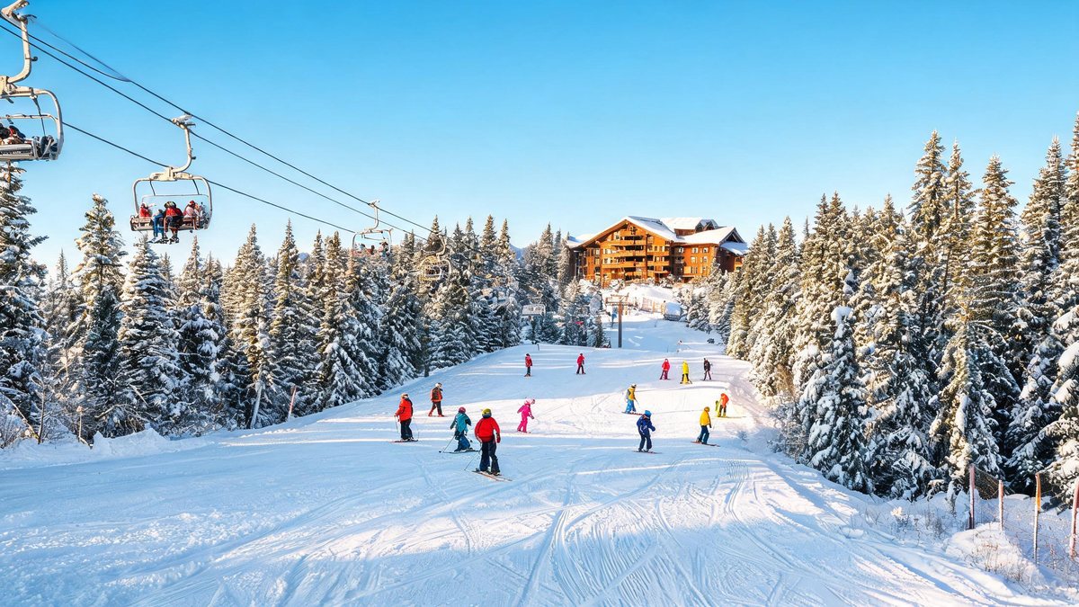 A gentle groomed ski run at Northstar winding through snow-dusted pine trees with skiers and chairlifts above
