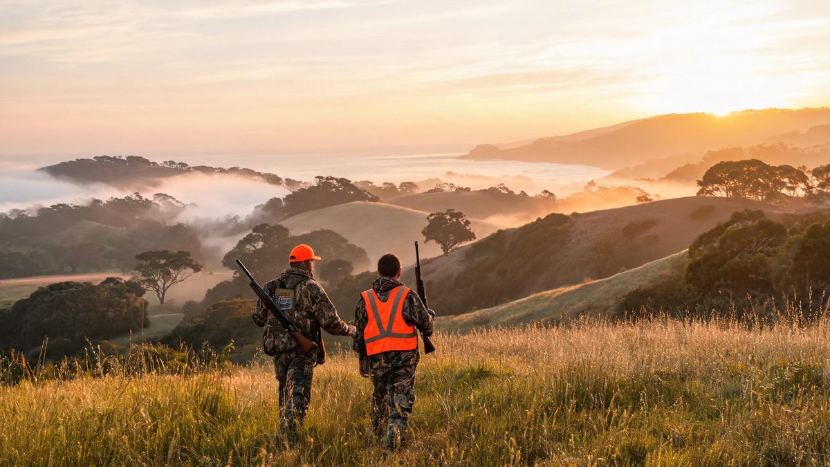 A licensed guide and guest with hunting rifles walking a grassy ridge above misty California Central Coast hills at sunrise