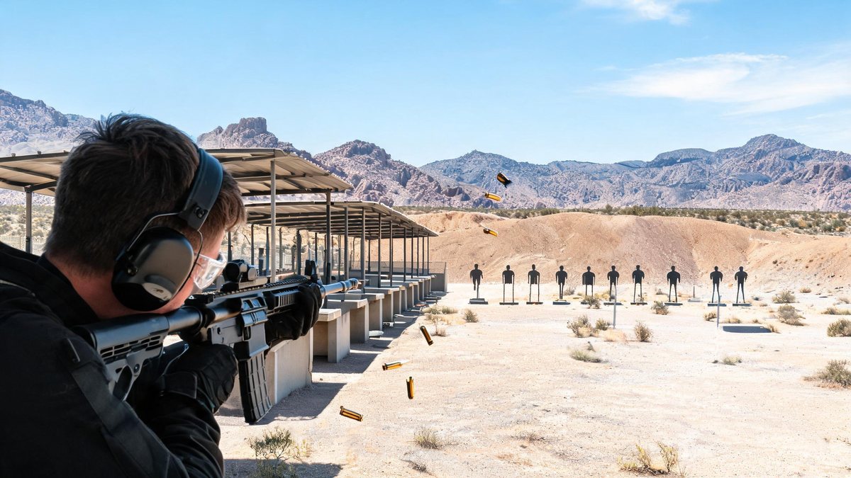 A row of covered outdoor machine-gun range lanes in the Nevada desert with a shooter aiming at steel targets