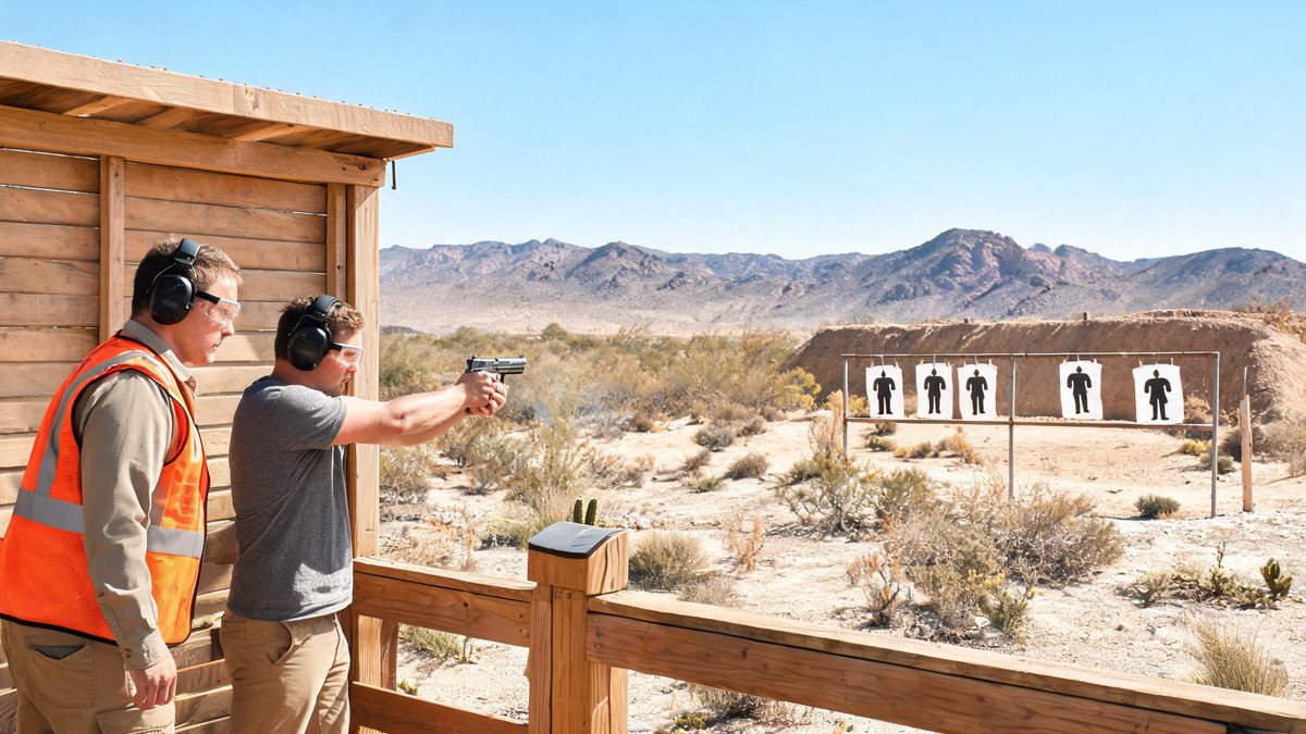 A visitor with eye and ear protection firing a pistol at an outdoor desert shooting range near Las Vegas