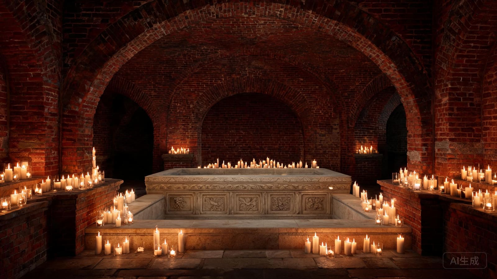 Candlelit thermal pools between exposed brick arches and iron columns at AIRE Ancient Baths Tribeca